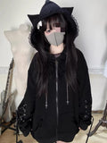 SHOPMOCHO Gothic Subculture Black Lace Loose Hoodie Women's Autumn Aesthetic Lovely Long Sleeve Hooded Coat Casual Warm Winter Overcoat