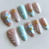 Shopmocho 24Pcs Mid-length 3D Flowers Design Fingertips Sweet Butterfly Yellow Ripple Almond False Nails Detachable Full Cover Press Ons