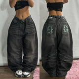 SHOPMOCHO American New Fashion Geometric Pattern Embroidered Baggy Jeans Women Y2K Harajuku Vintage Hip-hop Popular Casual Wide-leg Pants