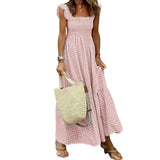 Shopmocho Elegant Plaid Slip Maxi Long Dress Summer Women Strapless Ruffle Backless Pleated Elastic Waist Boho Party Swing Loose Dresses