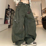 SHOPMOCHO Retro Green Work Pants High Waist Wide Leg Loose Fit for Men And Women Street Style Casual Comfortable Denim Trousers