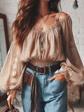 Shopmocho Women's Boho Shirt Off Shoulder Lace Up Lantern Sleeve Vintage Sexy Sweet Cropped Blouse Top Hollow Out Casual Lace Blouse Tops