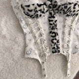 SHOPMOCHO Women Gothic Skull Print Strapless Corset Top Fuzzy Leopard Splice Lace Trim Double Lace Up Slim Waist Cincher Alt Y2K Bustie