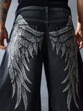 Shopmocho Y2K Men Black Trend Dressing Up Korean Style Simple Baggy Angel Printed Jeans 2025 Fashion Necessary Solid Retro Straight Pants