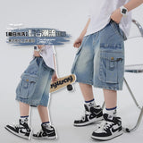 SHOPMOCHO Boys' Workwear Denim Shorts Summer 2026 New Teenage Children's Pocket Design Outdoor Wear Loose Jeans Big Kids Mid-Pants