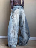 SHOPMOCHO Large Size American Street Retro Washed Distressed Curved Knife Jeans Wide Leg Denim Loose Sickle Pants Y2k Baggy Jeans Woman