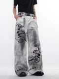 SHOPMOCHO 2026 American Retro Y2K Style Dirty Washed White Baggy Jeans Pants For Men Clothing Star Printed Straight Cotton Long Trousers