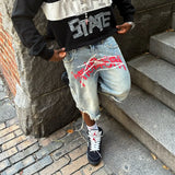 SHOPMOCHO Y2K Graffiti Jorts Rhinestone Distressed Printed Denim Shorts Men Women Trend Retro Hip Hop Streetwear Unisex Baggy Short Pants