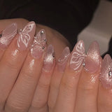 SHOPMOCHO Red Y2K Wearable Nail Art Chic Silver Butterfly Love Metal Bead Almond False Nails Detachable Finished Fake Nails Press on Nails
