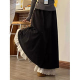 Shopmocho Casual Lace Trim Wide Leg Pants Fake Two-Piece Design Elastic Waist Patchwork Trendy High Waist Nine-Piece Length Polyester F...