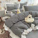 SHOPMOCHO 3pcs red,black plaid Duvet Cover Set (1*Duvet Cover + 2*Pillowcase, Without Core), Lace embroidery Bedding Set