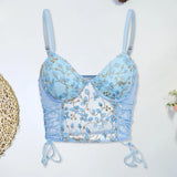 Shopmocho Women Blue Camisole Vest Bra Embroidery Flower Corsets Slim Fit Versatile Lady Corset Top Sexy Lace Rayon Ultra-Thin Thick Bra
