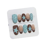 Shopmocho 10pcs Handmade French Short Press On Nails Blue Brown Polka Dot Bow Star Design Fake Nail Wearable Nail Art Tips for Girls