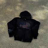 SHOPMOCHO American street retro Union Jack print black loose rivet hat with minimalist design zipper Y2K sweatshirt jacket