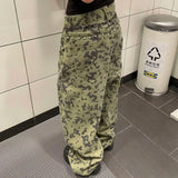 SHOPMOCHO American retro large size washed distressed camouflage rivet jeans women street loose slimming wide leg trousers