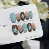 Shopmocho 10pcs Handmade French Short Press On Nails Blue Brown Polka Dot Bow Star Design Fake Nail Wearable Nail Art Tips for Girls