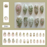 SHOPMOCHO 24pcs White Flower Fake Nail Tips Ins Yellow Pink Blush False Nails Wearable Full Cover European Almond Shaped Press on Nails