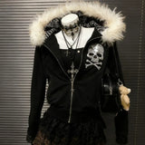 SHOPMOCHO Women Gothic Subculture Skull Embroidery Hooded Coat Winter Japanese Vintage Faux Fur Slim Jacket Grunge Punk Fashion Hoodies