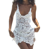 Shopmocho Combhasaki Women Summer Boho Knitted Crochet Halter Neck Swimsuit Coverups VNeck Hollow Out Irregular Hem Short Mini Beach Dress