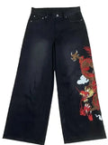 SHOPMOCHO Unisex White Red Tribal Flame Print Loose Wide Leg Jeans Y2K Grunge Streetwear Oversized Denim Pants