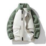 SHOPMOCHO New Winter Men's Jacket for Men Color Block Lamb Wool Thick Cotton Warm Hooded Loose Zipper Casual Men's Clothing Coats Parkas