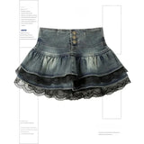 SHOPMOCHO Women's Blue Black Riveted Belt Denim Skirt Y2K Harajuku High Street Fashion 90s Sexy A-line Mini Skirt Summer Clothing 2025 New