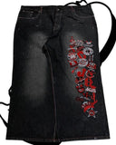 SHOPMOCHO American Fashion Printing Jeans Hip Hop Baggy Cross-legged Jeans Grey Wash Straight Mop Pants Men and Women