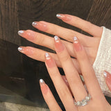 Shopmocho 10pcs Simple Handmade Fake Nail Tip Gradient Pink Design False Nail Art Reusable French Cat's Eye Mid-length Oval Press on Nails