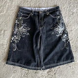 SHOPMOCHONew Streetwear American Denim Shorts Mens Womens Hip Hop Embroidery Printed Loose Shorts Gothic Retro Casual Basketball Shorts