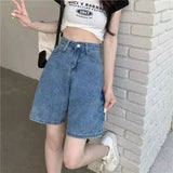 SHOPMOCHO American Retro High Waist Denim Shorts Women Summer Slim Straight Leg Casual Student Versatile Wide Leg Five-Point Pants