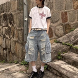 SHOPMOCHO American New Fashion Heavy Industry Deconstruction Hole Wash Jeans Cropped Pants Men Women Y2K Gothic Multi-pocket Overalls