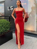 Shopmocho Women Summer Sexy Bodycon Dress Lady Sexy Spaghetti Strap Sleeve Split Solid Color Sheath Dress Vestidos