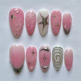 Shopmocho 24pcs Short Almond False Nail Art Starlight Rhinestone Design Nails Tip Green Full Cover Nail Set Datachable Press on Fake Nails