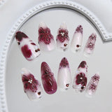 SHOPMOCHO 24pcs Flower Print Press on Nails Wine Red Blush Almond False Nail Tips Wearable Reusable Summer Spicy Girl Fake Nails