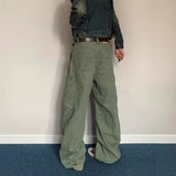SHOPMOCHO Adjustable Waist American Retro Loose Straight Leg Women's Work Trousers Multiple Pockets Cleanfit Long Pants Comfortable Casual