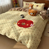 SHOPMOCHO Kawaii Bear Embroidered Winter Bedding Set Thickened Warm Milk Velvet Duvet Cover Set with Sheets Soft Flannel Quilt Cover Kit
