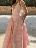 Shopmocho Elegant V-Neck Pleated Long Dresses Women High Waist Summer 2025 French Style Fashion V-neck Backless Lace-up Vacation Vestidos