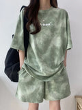 Shopmocho Women T-Shirt Shorts Suit Set Casual Tie Dye Loose tshirt and wide leg middle shorts with pockets female Soft Summer Shorts Sets