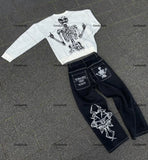 SHOPMOCHO New National Tide Couples American Raw Edge Stone Mill Washed Jeans Y2K Gothic Punk Style Loose Straight Tube Make Old Trousers