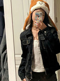 Shopmocho New solid color zipper denim jacket for women retro Harajuku lapel niche design slim cardigan versatile small fragrance top