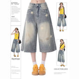 Shopmocho DM American Vintage Washed Star Denim Shorts Y2k High Waist Straight Wide Leg Jeans 2025 New Loose Knee-Length Pants