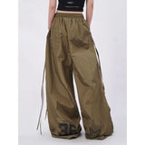 SHOPMOCHO American street quick drying retro military green work pants irregular design fake two-piece drawstring pleated casual pants