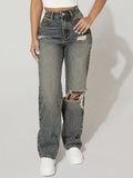 SHOPMOCHO Y2K High Waist Ripped Wide Leg Jeans Women Vintage Washed Distressed Frayed Hem Denim Pants Streetwear Baggy Straight