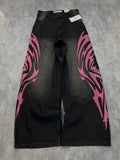 SHOPMOCHO Y2K Retro Punk Pink Totem Wide Leg Jeans Men Gothic High Street Hip Hop Washed Casual High Waist Floor Mopping Pants Women