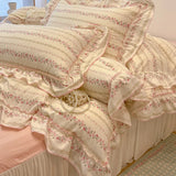SHOPMOCHO 2/3Pc Korean Princess Style Floral Ruffles Bedding Set Single Queen Size Soft Skin-friendly Washed Cotton Duvet Cover Pillowcase