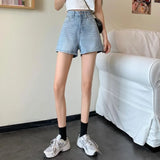 SHOPMOCHO High Waist Slimming Split Denim orts Women's Summer New Hong Kong Sle Straight Loose Wide Leg Hot Pants plus Size Jeans