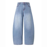 SHOPMOCHO Women American Vintage Light Blue Wide Leg Jeans Y2K Contrast Stitch Embroidered Streetwear Loose Casual Pants