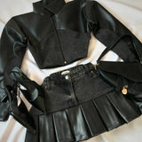 SHOPMOCHO Y2k Leather Denim Patchwork Two Piece Set Women Hip Hop Patchwork Zippered Long Sleeve Jacket Sexy Short Denim Skirt Fashion Set