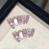 Shopmocho 10pcs French Almond Press on Nails Flower False Nails Wearable Stick-on Nails Fake Nail Uñas Postizas Mujer Накладные Ногти 네일팁