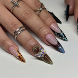 SHOPMOCHO Red Y2K Wearable Nail Art Chic Silver Butterfly Love Metal Bead Almond False Nails Detachable Finished Fake Nails Press on Nails